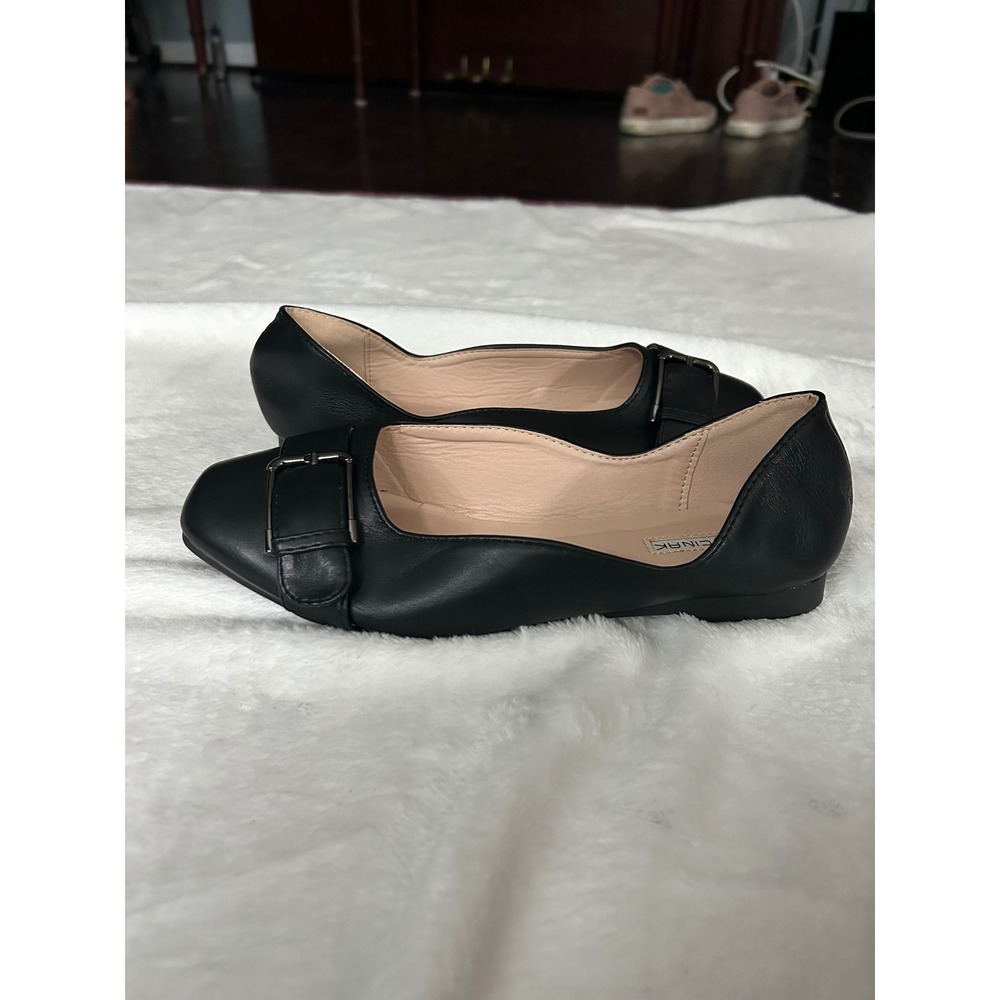 CINAK Black Ballet Flats Buckle‎ Detail Square Toe Comfortable Slip On Shoes